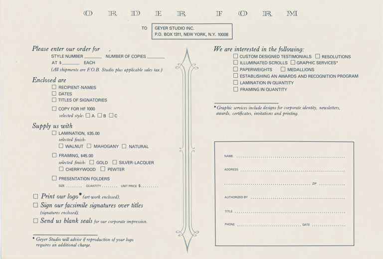 Geyer Studio order form, 1985