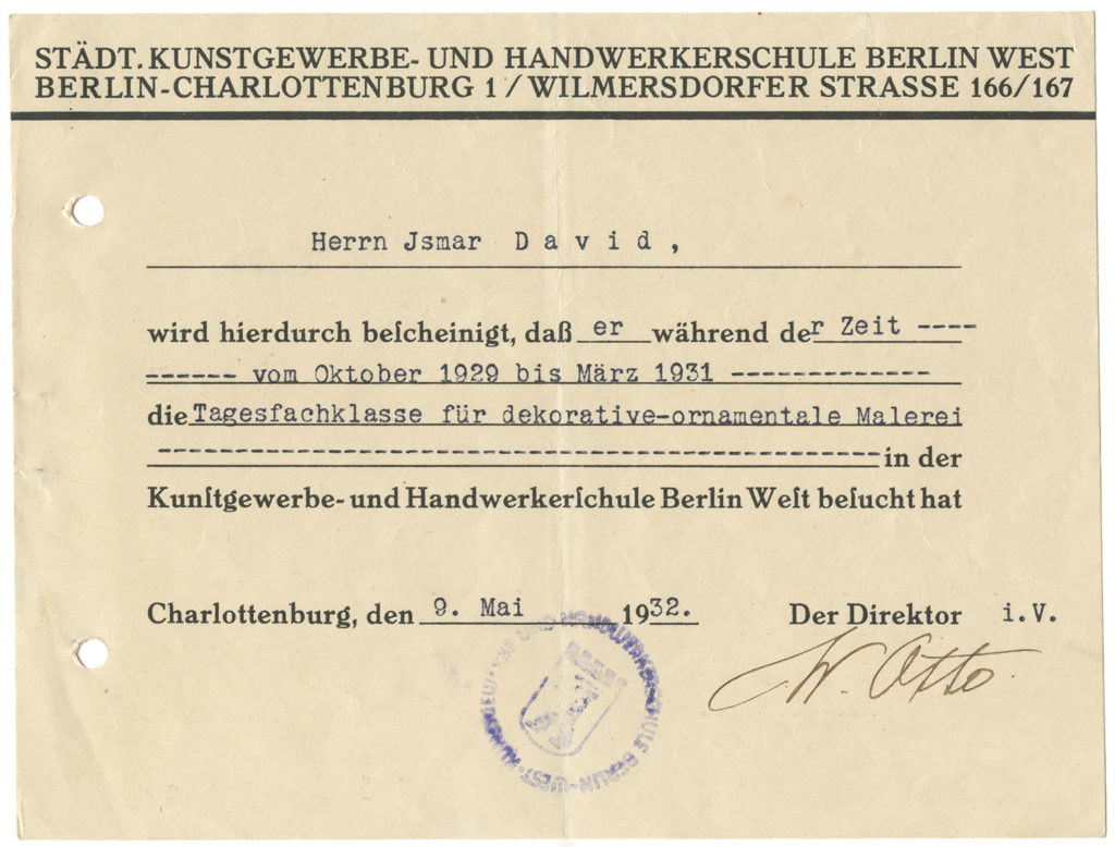 Certificate from the Städische Kunstgewerbe- und Handwerkerschule Berlin West, Charlottenburg