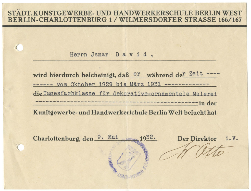 Certificate from the Städische Kunstgewerbe- und Handwerkerschule Berlin West, Charlottenburg
