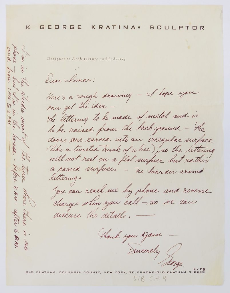 Letter from George Kratina