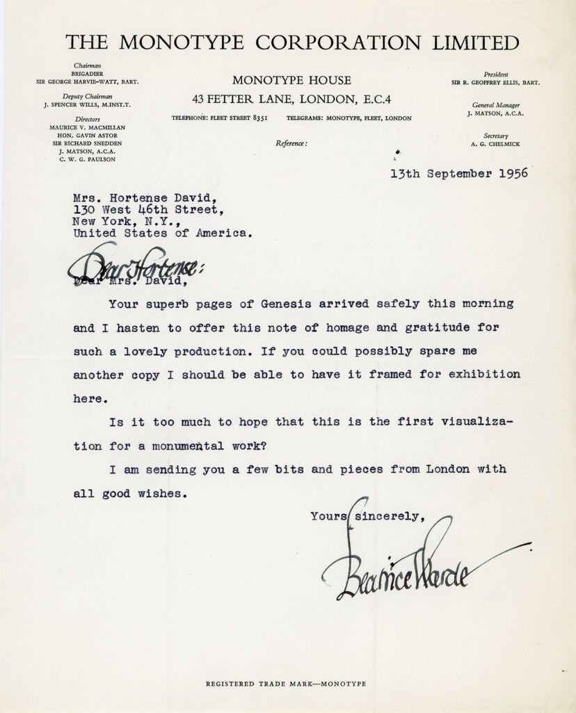 Letter from Beatrice Warde to Hortense Mendel David