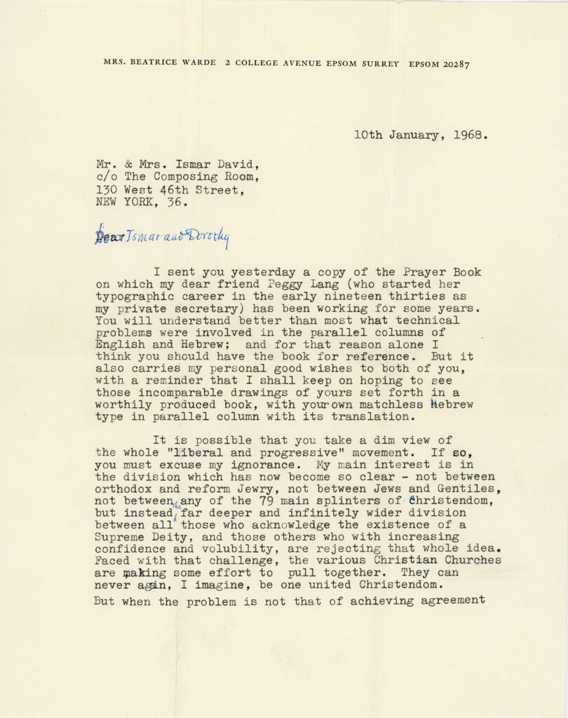 Letter from Beatrice Warde to Ismar and Dorothy David
